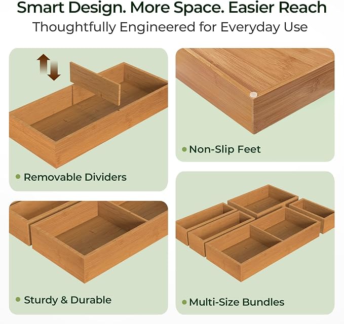 10-Piece Bamboo Drawer Organizer Set, 2.2" Deep Multi-Use Organizers - Image 6