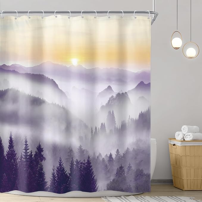 Riyidecor Misty Mountain Shower Curtain 60Wx72H Inch Purple Sunrise Nature - Image 2