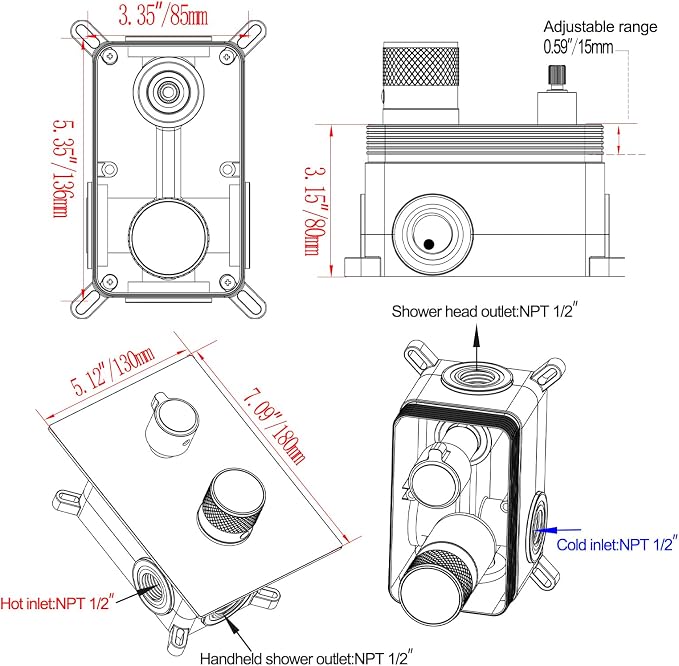Temperature Display 2 Way Shower Valve Brass Rough-in and Rectangle Trim Kit - Image 5