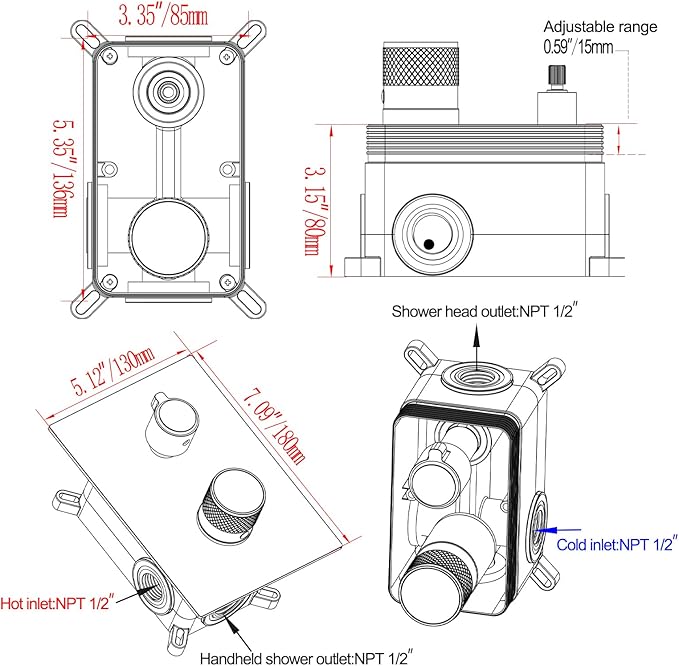 Temperature Display 2 Way Shower Valve Brass Rough-in and Rectangle Trim Kit - Image 5