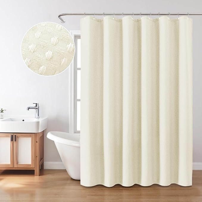 Inhousolu Fabric Shower Curtain Waffle Weave, 230 GSM Heavy Duty, Weighted Hem - Image 7