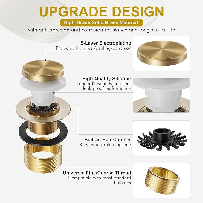 Champagne Bronze Bathtub Drain Stopper and Overflow Kit, Solid Brass Tip-Toe - Image 4