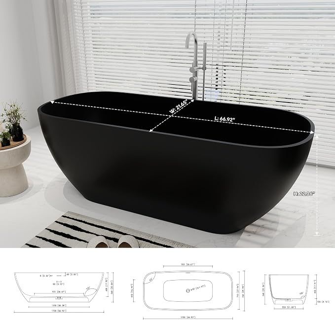SJ STAR&JANE 67" Solid Surface Freestanding Bathtub Oval Stone Resin Soaking - Image 6