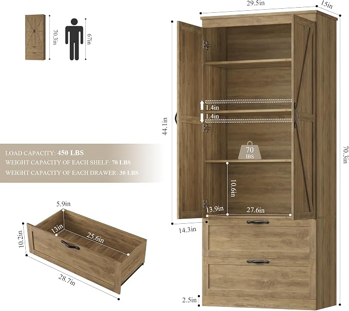 HOSTACK 70" Tall Kitchen Pantry Storage, Barn Doors Pantry Cabinet - Image 3