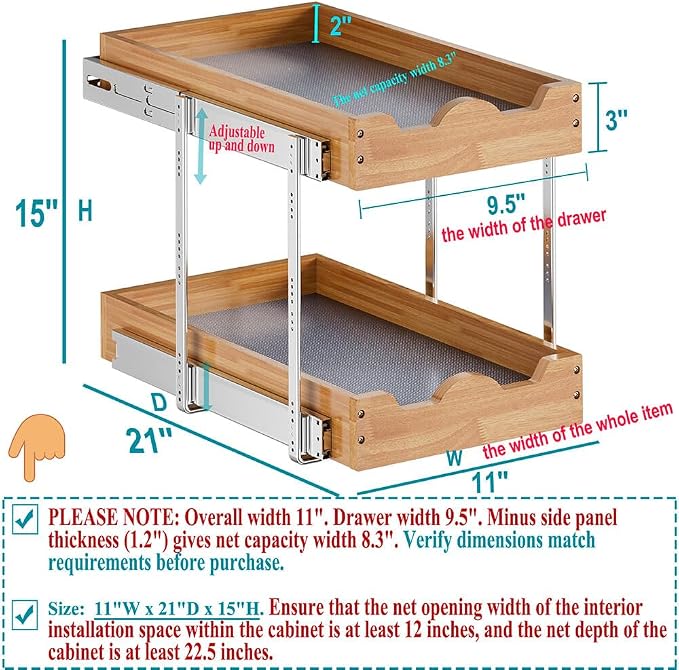 OCG 2 Tier Pull Out Drawers For Cabinets, Double Tier Slide out Wood Cabinet - Image 3