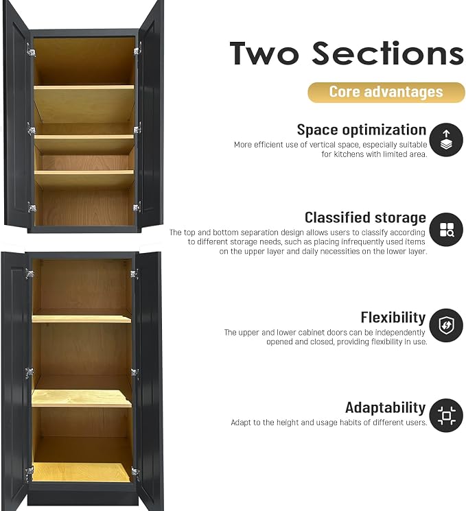 Pantry Cabinet, 4-Soft Close Door, 5 Adjustable Shelves, 2 Portion, Unassembled - Image 4