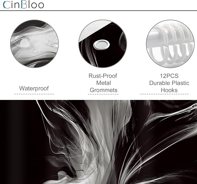 Cinbloo Abstract Black and White 72Wx72H Shower Curtain Modern Ombre Marble Ink - Image 6