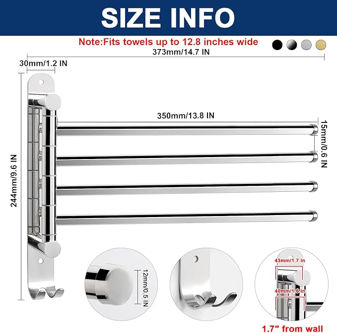 NearMoon Swivel Towel Rack, 13.8" Thicken 304 Stainless Steel 4-Arm Towel Bar - Image 2