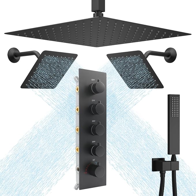 Black Thermostatic Shower System three Shower Heads by NPYSVSSS