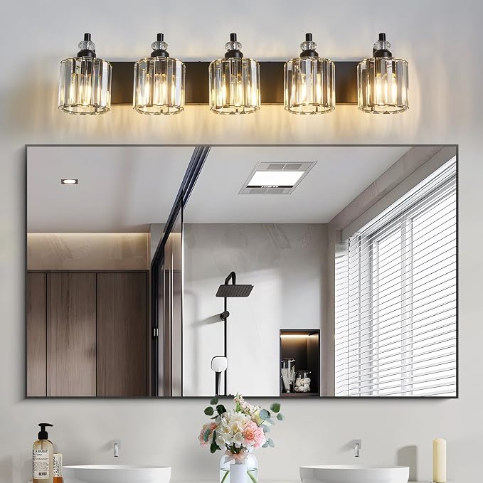 5-Light Black Bathroom Light Fixtures Over Mirror Modern Vanity Lights Crystal - Image 3