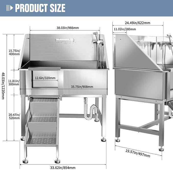 38" Pet Dog Bathing Station W/Ramp, Professional Stainless Steel Dog Grooming - Image 2