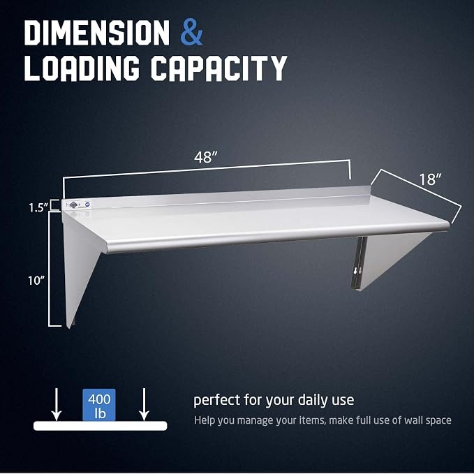 Profeeshaw NSF Stainless Steel Shelf 18” x 48”, 400 lb Commercial Shelves Wall - Image 3