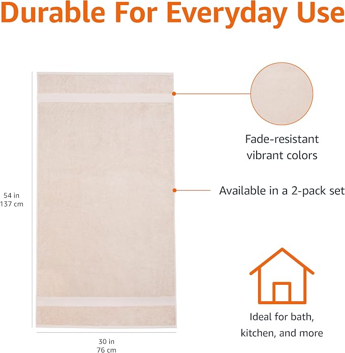 Amazon Basics Fade-Resistant 100% Cotton Bath Towel, 2 Pack, Blush Pink - Image 3