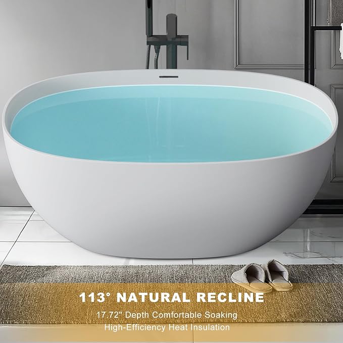 Stone Resin Freestanding Bathtubs, Soklawah 63" Solid Surface Luxury Soaking Tub - Image 4