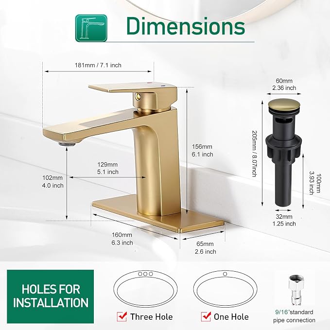 VOTON Brushed Gold Bathroom Sink Faucet Single Handle - Image 6
