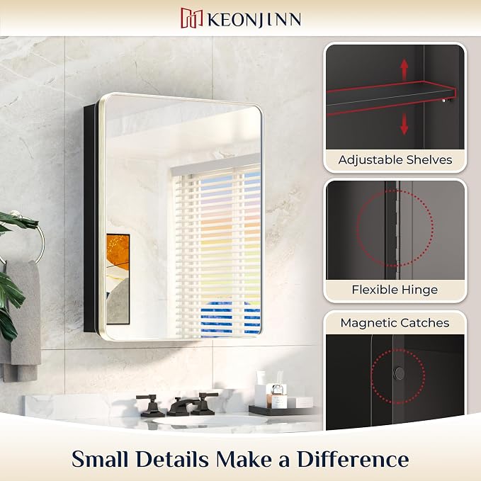 Keonjinn 20 x 26 Inch Brushed Nickel Recessed Medicine Cabinets, Bathroom - Image 6
