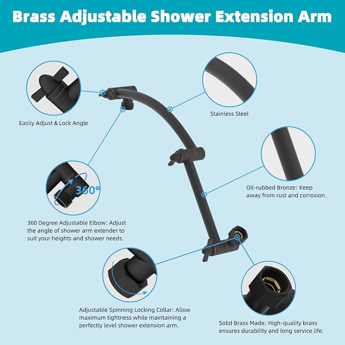 Hibbent Rain Shower Head, Brass Adjustable Shower Arm Extender, Waterfall fixed - Image 5