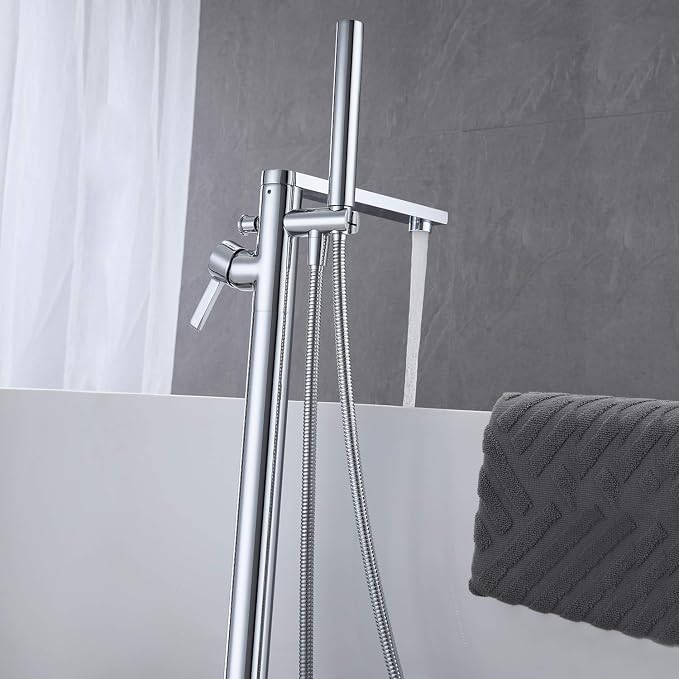 Freestanding Bathtub Faucet Tub Filler Chrome Floor Mount Brass Single Handle - Image 5