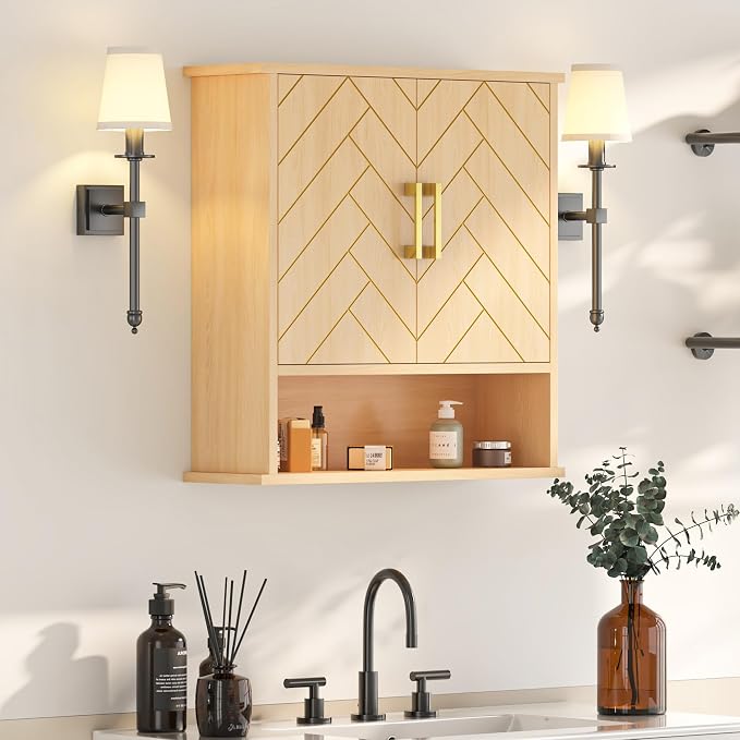 Natural Chevron Pattern Bathroom Wall Mount Cabinet, Over The Toilet Storage by Mepplzian