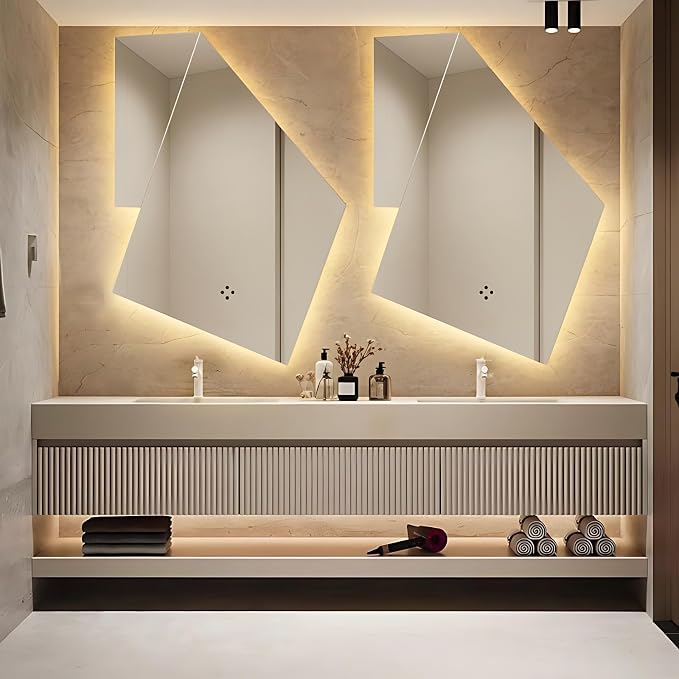 Double Basin Floating Bathroom Vanity, LED Defogging Mirror, Striped 3 Drawers by TIZAZOFashionHome