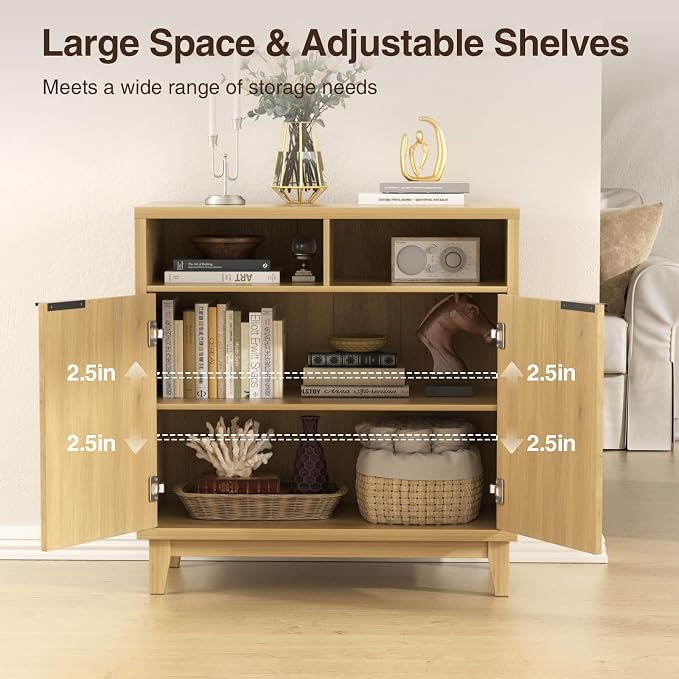 Fluted Cabinet with Doors, Modern Accent Storage Cabinet with Solid Wood Legs & - Image 5