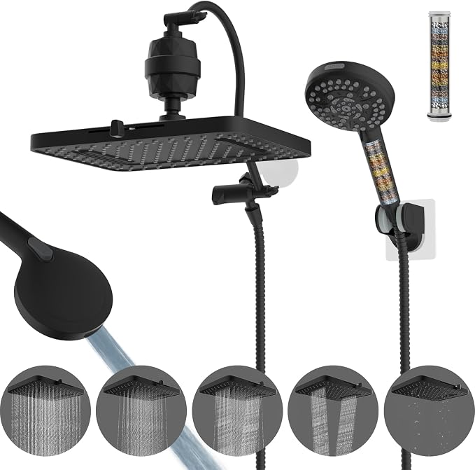 Hibbent Upgraded 5-spray 13'' Dual Filtered Rainfall Shower Head Combo by Hibbent