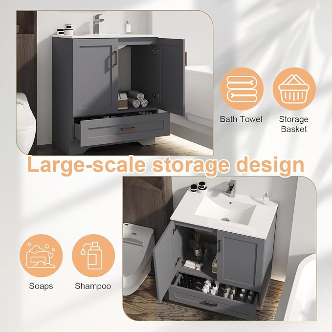 30 inch Bathroom Vanity with Sink, Modern White Vanity - Image 4