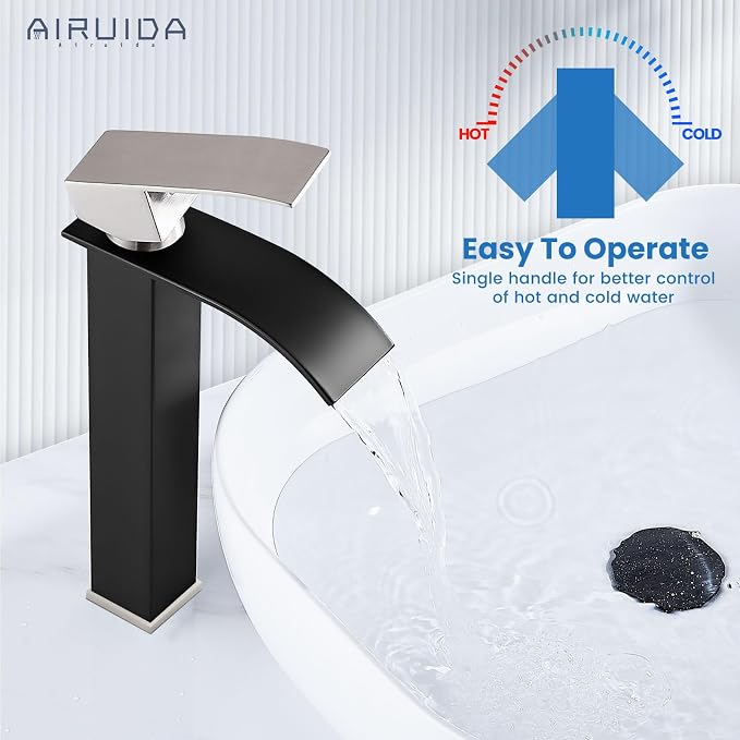 Airuida Vessel Sink Faucet Tall Waterfall Bathroom Fixtures Matte Black&Brushed - Image 5
