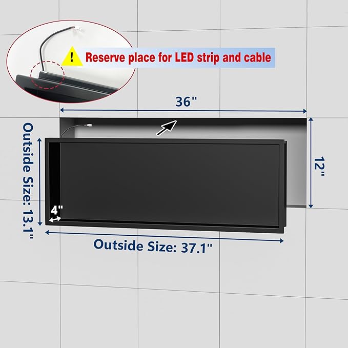 RGB LED Light Shower Niche, Matte Black 36X12 in Stainless Steel Wall Niche - Image 2