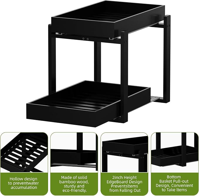 2 Pack Under Sink Organizer, Bamboo Wooden 2-Tier Pull-Out Storage - Image 6