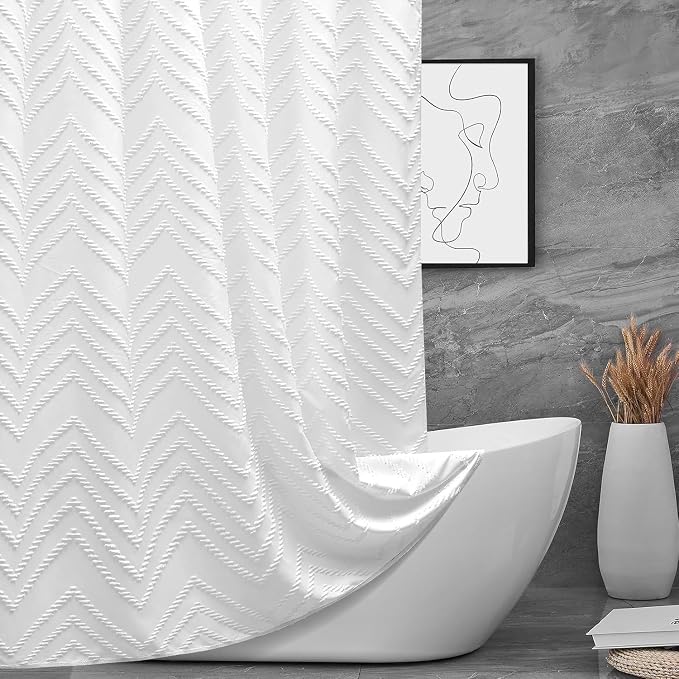 White Boho Fabric Shower Curtain 72 x 72 Inches, Modern Shabby Chic Textured by TURKIO