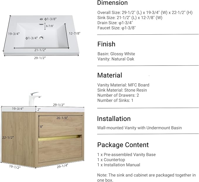 30" Wall-Mounted Bathroom Vanity - Image 2