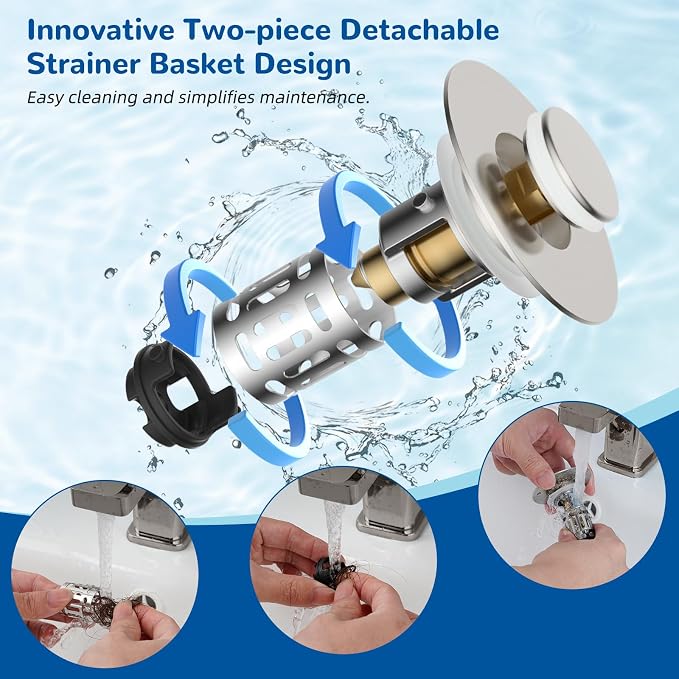 Hibbent 2 Pack Upgraded 3 in 1 Bathroom Sink Drain Strainer, Universal Pop Up - Image 4