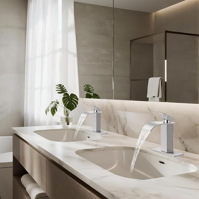 Bathroom Faucets Brushed Nickel Waterfall Bathroom Sink Faucet Modern Single - Image 4