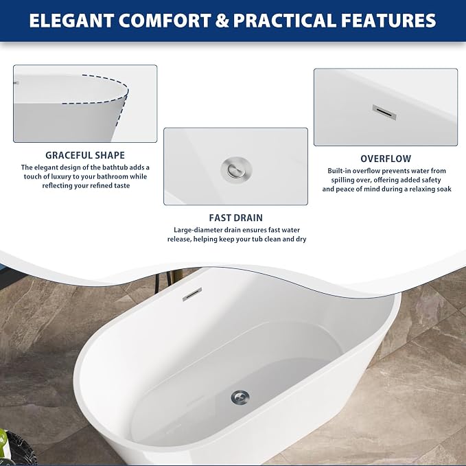 Sarlai 59 Inch Acrylic Freestanding Soaking Bathtub Contemporary Soaking White - Image 6