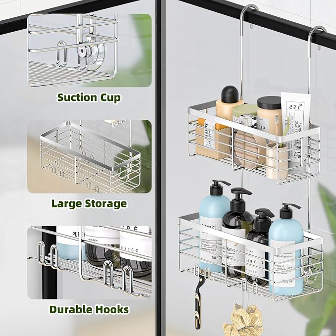 YUOROS Shower Caddy Hanging, 2 Tier Over the Door Shower Organizer Rack 304 - Image 3