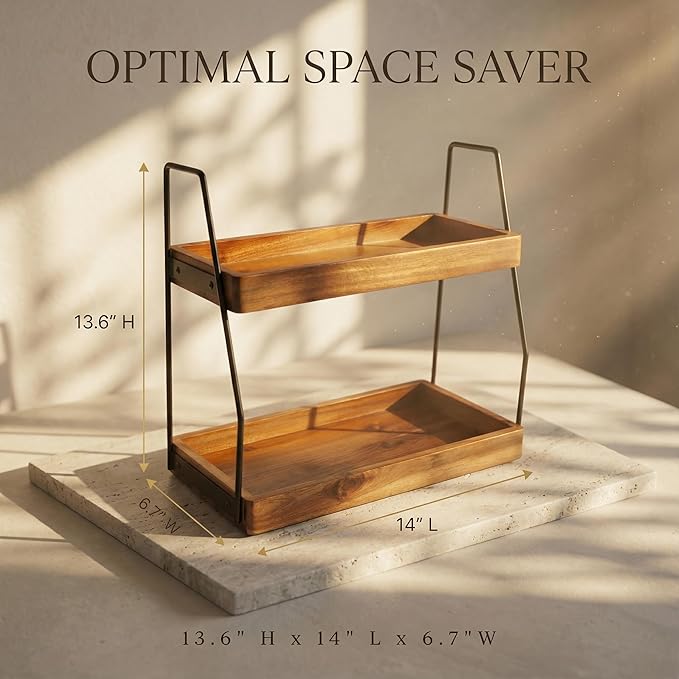 Demigo Acacia Bathroom Organizer Countertop 13.6 x 14 x 6.7 inches, 2-Tier Wood - Image 3