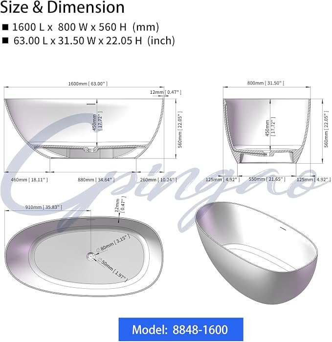 Cpingao 63" Stone Resin Freestanding Bathtub, Oval Solid Surface Contemporary - Image 6