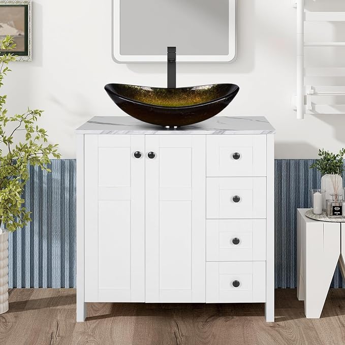32" White Bathroom Vanity with Marble Texture Top and 4 Drawers, Modern by Solidee