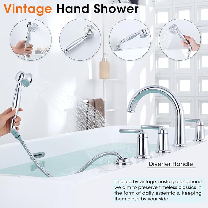 Roman Bath Tub Faucet Set with Rough-in Valve and Sprayer, Brass 5 Hole - Image 5