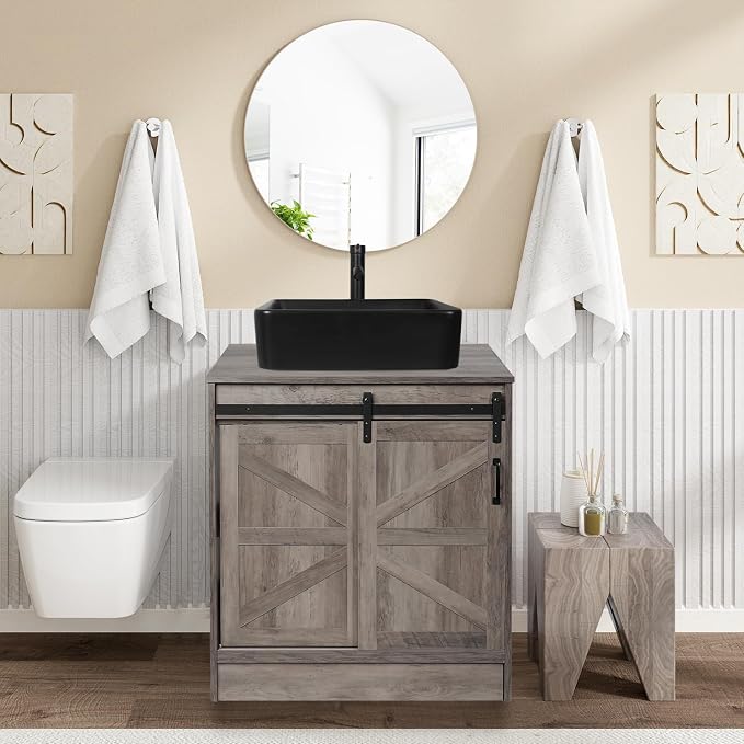 30" Barn Door Bathroom Vanity, Farmhouse Style Standing Pedestal Cabinet by Solidee