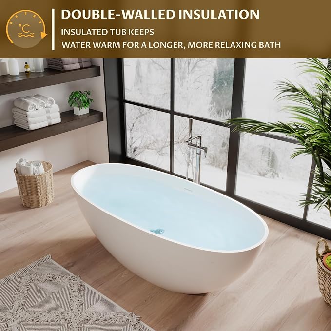 65 in Solid Surface Freestanding Bathtub, Contemporary Oval Shape Soaking Tub - Image 4