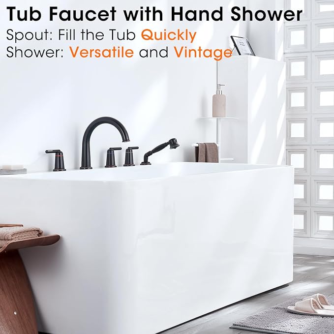 Roman Bath Tub Faucet Set with Sprayer, 5 Hole Widespread Deck Mount Bathtub - Image 2