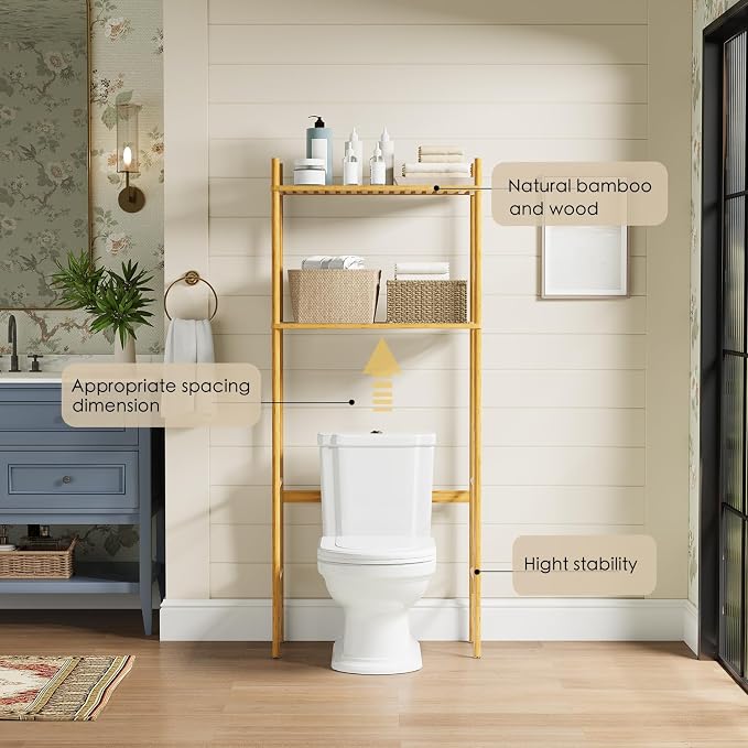 2 Tier Over The Toilet Organizer Rack Bamboo, Freestanding Bathroom Toilet - Image 4