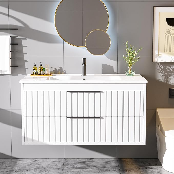 36" Bathroom Vanity with Sink, Floating Vanity Bathroom Sink Cabinet Wall Mount by Buytime