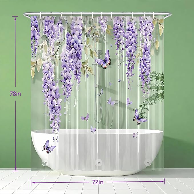 Clear Purple Floral Lavender Butterfly Shower Curtain, Plastic Transparent Cute - Image 2