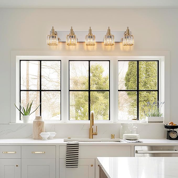 Crystal Bathroom Light Gold Chrome 5-Light Modern Bathroom Vanity Fixtures Over - Image 5