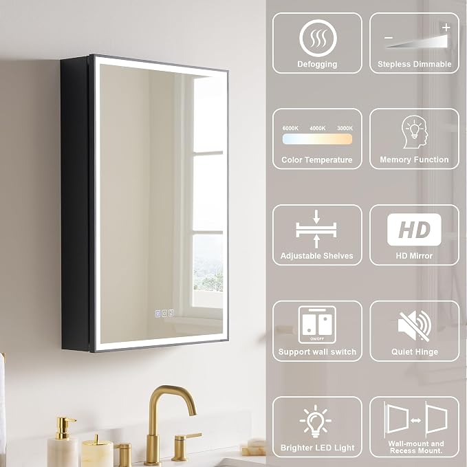 WELLFOR 24" X 30" LED Mirrored Medicine Cabinet, Medicine Cabinets - Image 5