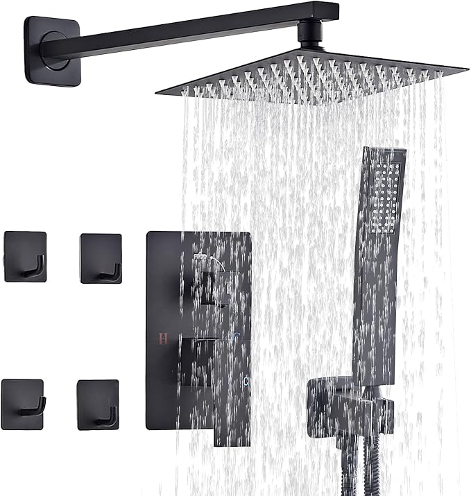 10" Matte Black Rainfall Shower Faucet Set by GBPUSD