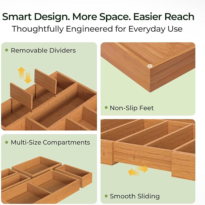 6-Piece Bamboo Drawer Organizer Set, 2.2" Deep Multi-Use Organizers - Image 6
